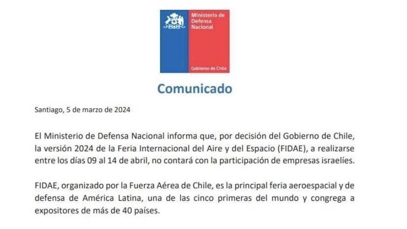 Por decisión del Gobierno de Chile, la Feria Internacional del Aire y del Espacio (FIDAE) no contará con expositores israelíes.