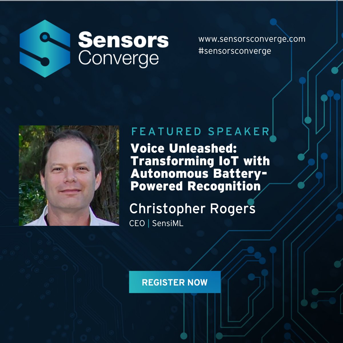 Hear from Christopher Rogers of SensiML at the #SensorsConverge session Voice Unleashed: Transforming IoT with  Autonomous Battery-Powered Recognition.

View the schedule: lnkd.in/gQbi_fcD

Early Bird Rates end May 10. Join us this June 24-26 in Santa Clara, CA!