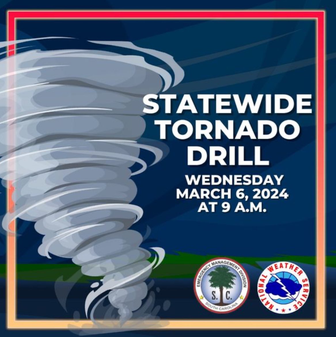 SCEMD's tweet photo. REMINDER: The statewide tornado drill will take place tomorrow, Wednesday, March 6, 2024, at 9 a.m. @SCEMD encourages everyone to participate and practice their tornado safety plan.
https://t.co/byZJYm4WFC
#SevereWeatherWeek #TornadoSafety #statewidedrill https://t.co/oSZdQoNsdm