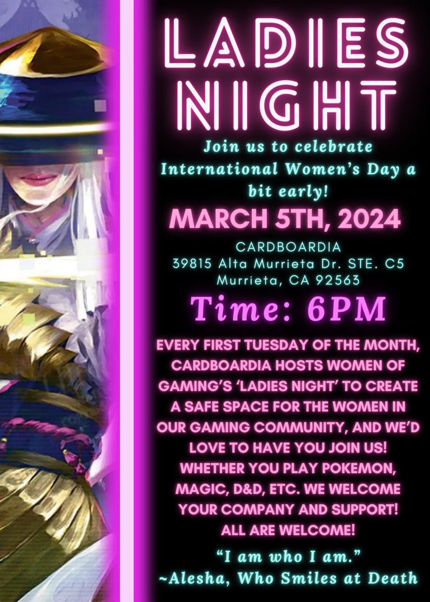 WomenofGaming's tweet photo. Join us as we celebrate International Women’s Day a bit early tonight at 6pm at Cardboardia! #ladiesnight #magicthegathering #pokemon #onepiece #dand #WomenEmpowerment #InternationalWomenDay https://t.co/Zjba6K8AYC
