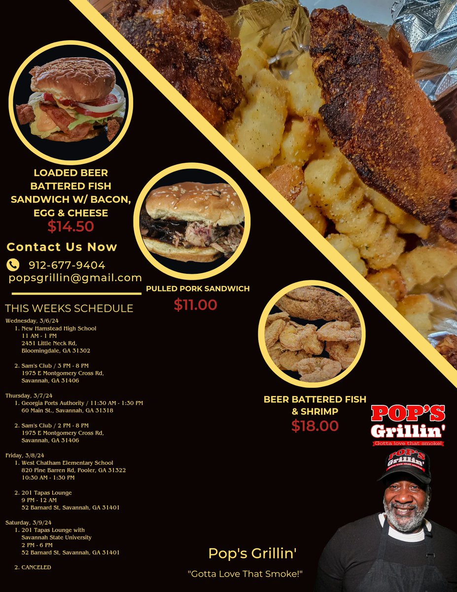 PopsGrillinFans's tweet image. 📢 Schedule For The Week 

We have a couple CORRECTIONS to this weeks SCHEDULE. Take a look and see when you can come visit Pop's Grillin'. We look forward to seeing you all!

#foodtruck #foodie #popsgrillin  #Savannah #georgiafoodie #GA #popsgrillin 
#instagram #instadaily