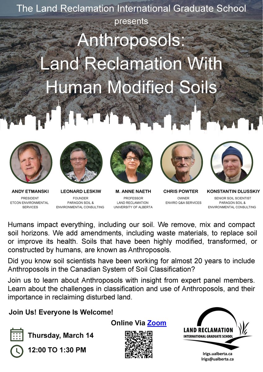 Did you know our impact on soil is profound? From amendments to transformations, humans shape soil in various ways, creating Anthroposols. Join us and our expert panelists for a fascinating discussion on Anthroposols and their significance in land reclamation. #soil #Alberta