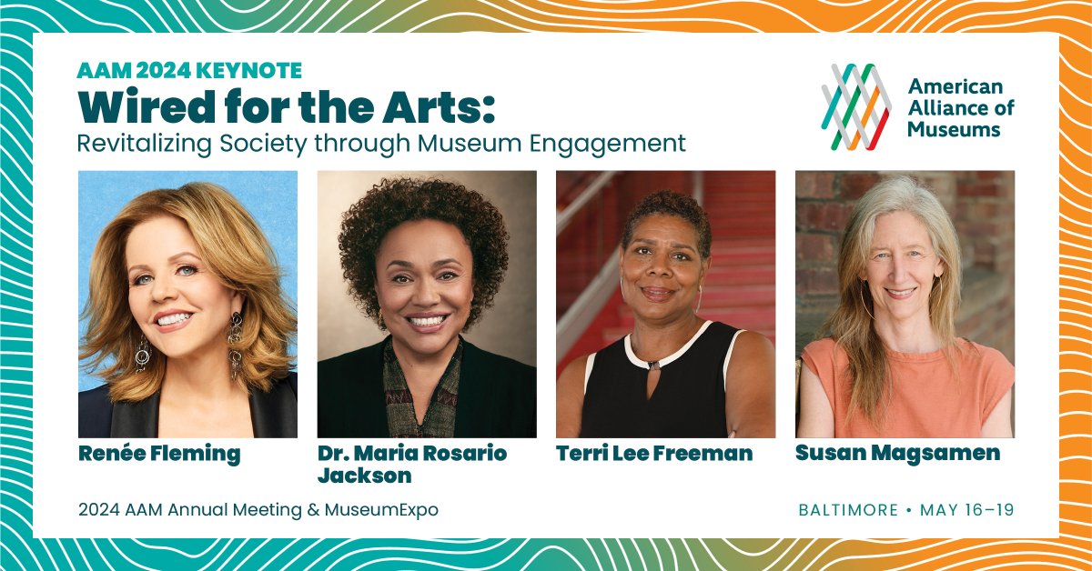 We're thrilled to introduce the keynote speakers who will explore the impact of arts and culture on societal health at the 2024 AAM Annual Meeting & MuseumExpo! 🔸@ReneeFleming 🔸Dr. Maria Rosario Jackson @NEAarts 🔸Terri Lee Freeman @LewisMuseum 🔸Susan Magsamen @artsandmindlab