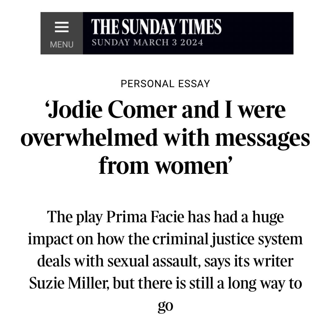 SuzieMillerWrtr's tweet photo. @thetimes for everyone woman who is the one in three - you are seen #primafacie #oneinthree #somethinghastochange #jodiecomer #thetimes https://t.co/y96yzwHogP