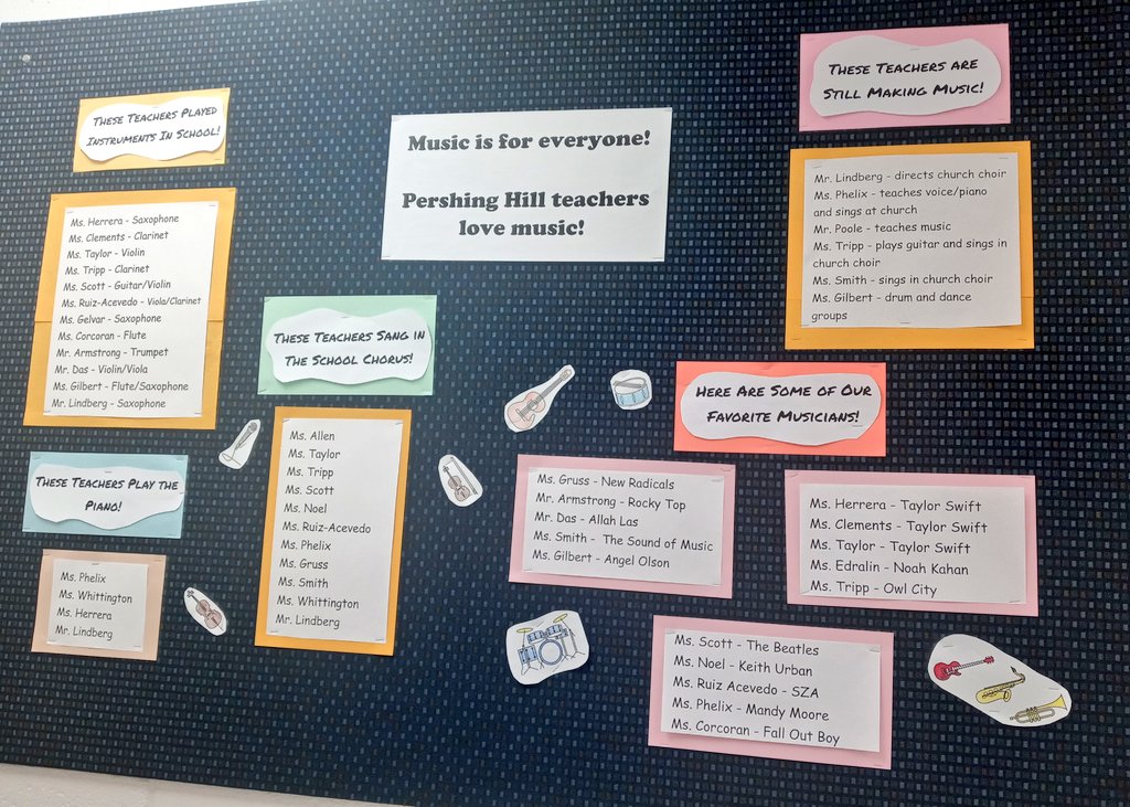 Part 1 of our Music in our Schools Month display is up and ready. Music (education) plays a role in so many of our PHES staff members' lives! @PershingHillES #PHESPride #NAfME #MIOSM2024 #AACPSAwesome