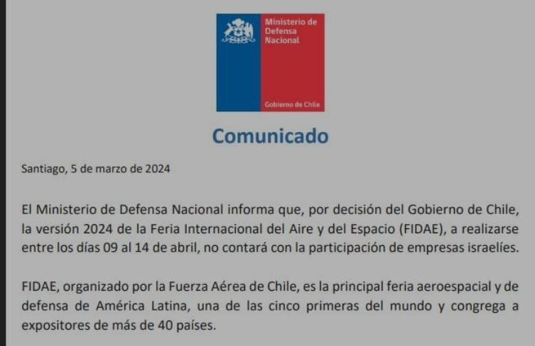 BotCheckerCL's tweet photo. Te puede tener chato lo amarillo y/o tibio de este gobierno de ñuñoinos, pero dejar fuera de la FIDAE a las empresas de Israel que están exterminando al pueblo Palestino, excelente servicio! https://t.co/pdaoKQoEzw