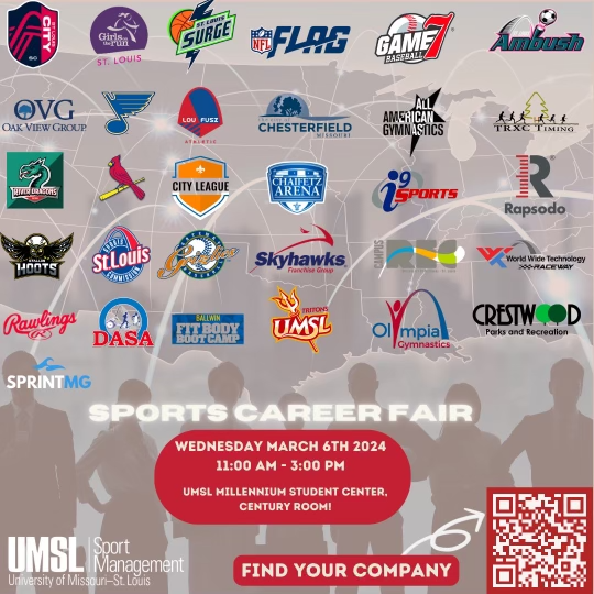 Attention @umsl students: Are are you looking to get into the sport industry? Come tomorrow, 11-3PM at the MSC, to learn more about internships, part-time jobs, and full-time positions within the sports industry. @UMSLCOE