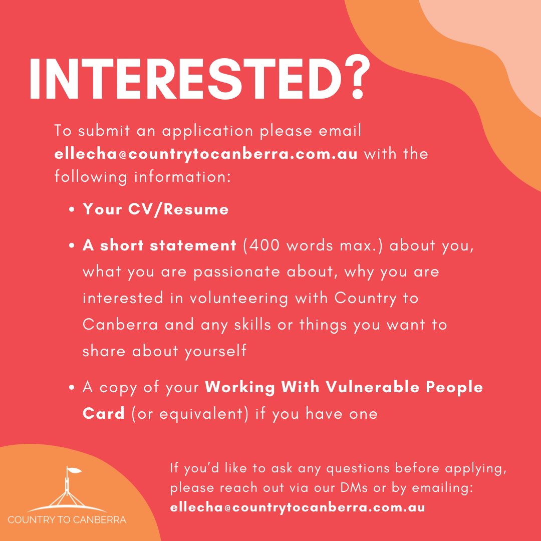 Country to Canberra (@countrycanberra) on Twitter photo 📣 APPLY NOW to join the C2C team! 📣
We are recruiting for a range of volunteer positions in our wonderful team. Check out our Instagram page to see what positions we have available! zurl.co/HMRS
Any further questions? DM or email: ellecha@countrytocanberra.com.au 📣 APPLY NOW to join the C2C team! 📣
We are recruiting for a range of volunteer positions in our wonderful team. Check out our Instagram page to see what positions we have available! zurl.co/HMRS
Any further questions? DM or email: ellecha@countrytocanberra.com.au