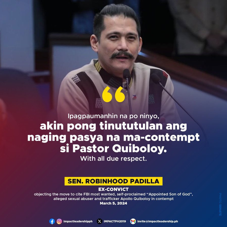 nabunturanguy's tweet photo. At masaya kang ipangalandakan ang katangahan mong yan? May “with all due respect” ka pang nalalaman. Alam mo ba ibig sabihin niyan? Unang-una, sino ba ang nirerespeto mo? Yung human/sex trafficker o yung mga senador na tinututulan mong gawin ang tama?  Di man lang ba sumagap sa isipan (meron nga ba?) mo ang mga biktima ng kulto ni Quiboloy? Ayaw mo bang wakasan ang kasamaan ng FBI wanted na yan? Basta makatanaw ka lang ng utang na loob, ok na, kahit KASAMAAN ang dulot nito? Without due respect, Robin, you’re not worthy of that “senator” title w/c, up to this day we still wonder how the hell you were able to get. I won’t venture a guess; the reason is clear as day.