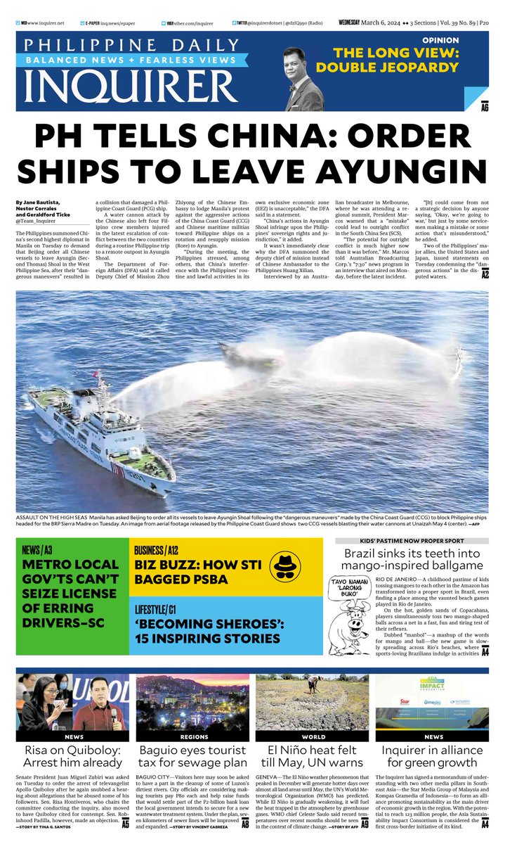 Today's Inquirer front page (March 6, 2024).

More at inq.news/plusfront6 📰#INQFrontPage