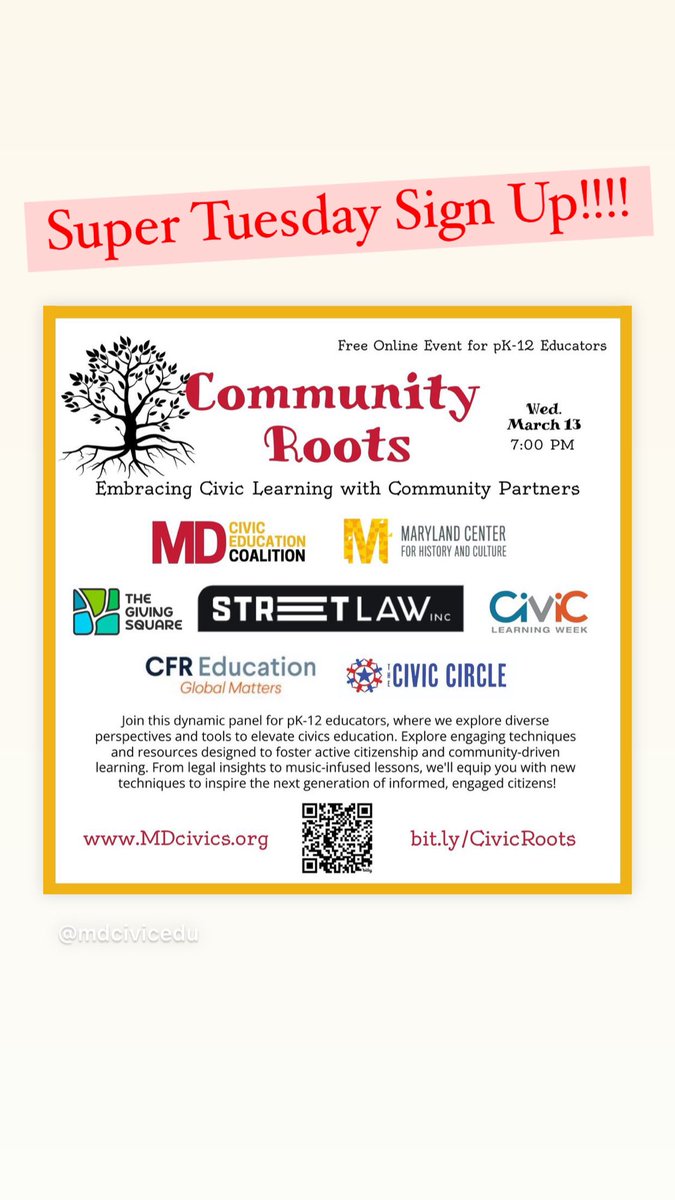 #civiclearningweek @StreetLawInc @MDHistory Join us! Prizes, both tangible and intrinsic! Bit.ly/CivicRoots @SocStudiesAACPS
