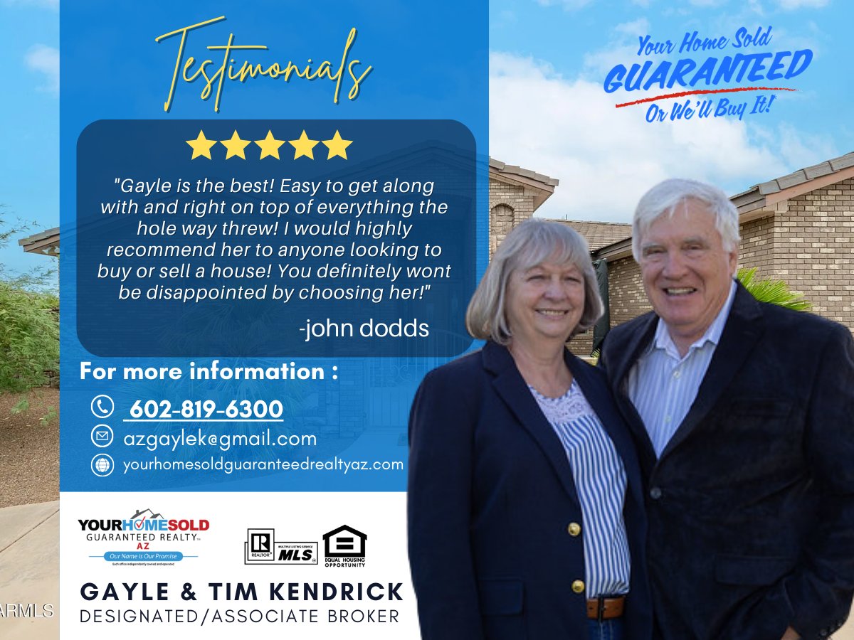 YHSGRAZ's tweet image. Guaranteed Results &amp;amp; Effortless Selling! 💪
Tim and Gayle Kendrick at your service.
Call 602-819-6300 or visit yourhomesoldguaranteedrealtyaz.com.
Sell your home with confidence - we&apos;ve got you covered!
#RealEstateMasters #ResultsGuaranteed #TimAndGayleKendrick