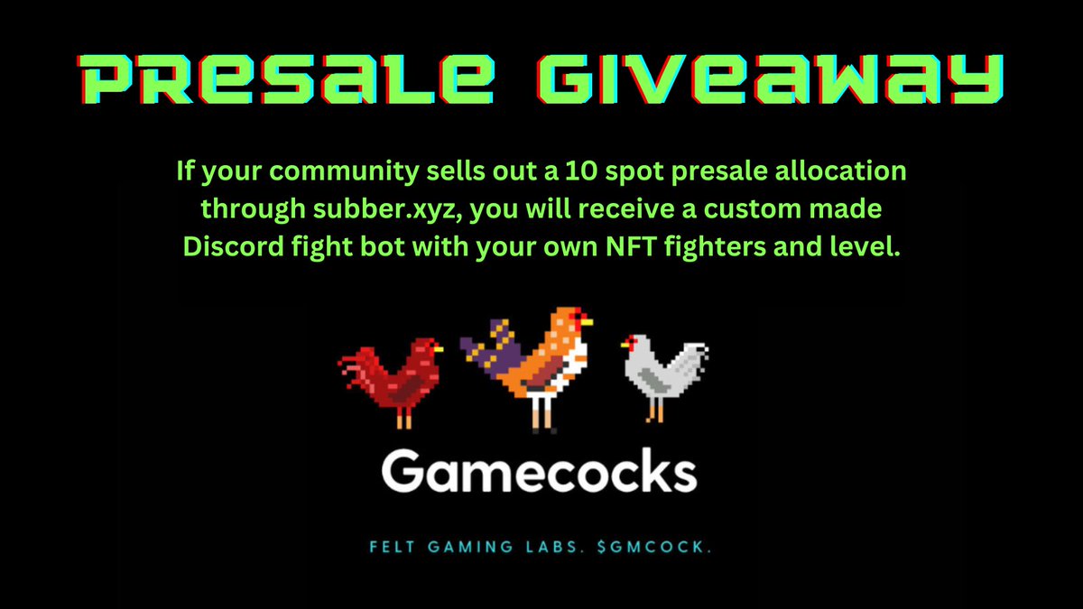 Gamecocks NFT presales have arrived! 

0.22 $SOL live now on subber.xyz 

If your Subber community sells 10 presales through a collab you will get a custom built Discord fighting bot with your own NFT fighters and level. 

This game fucks. What project needs a ⚔️bot?