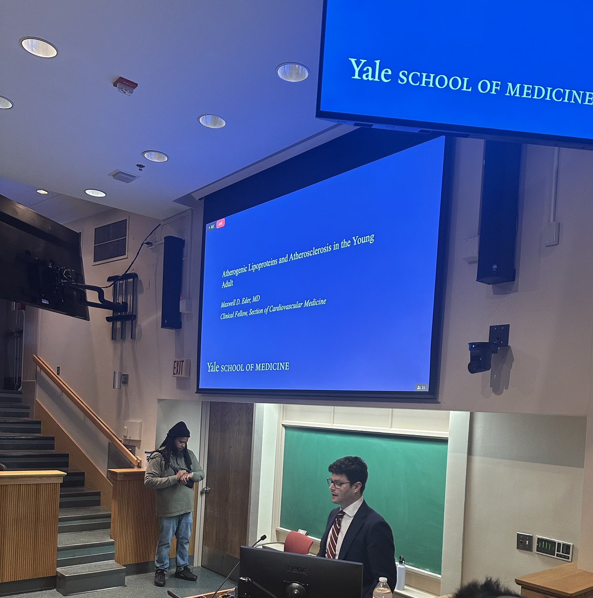 Happening Now! Our @YaleCardiology fellows Drs. @MaxwellDawson13 and Greg Rubinfeld presenting at our Grand Rounds. First off, Dr Eder on Atherosclerosis in the Young Adult. @YaleIMed