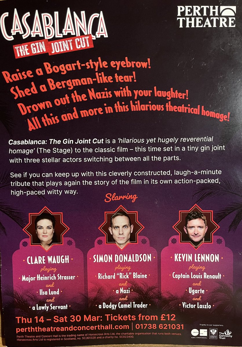 Opening night next week from Thursday 14th to Saturday 30th March at Perth Theatre. Things are hotting up in Casablanca and we have a few surprises in store! <a href="/perthTCH/">Perth Theatre and Concert Hall</a> <a href="/simonwdonaldson/">Simon Donaldson</a> <a href="/melankkolia/">Jerry Burns</a> <a href="/ClareWaugh26/">Clare Waugh</a> <a href="/hilarymusic/">hilarybrooksmusic</a>