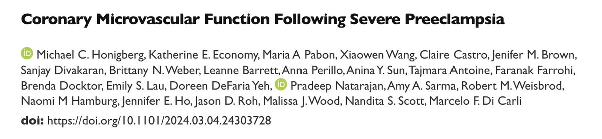 Excited to share the preprint for our pilot study of early postpartum 🫀 PET imaging following preeclampsia 🤰

Is 🫀 microvascular function altered after preeclampsia?

&amp; does it correlate w/ markers of angiogenic balance in pregnancy (sFlt-1/PlGF)?

medrxiv.org/content/10.110…

1/X
