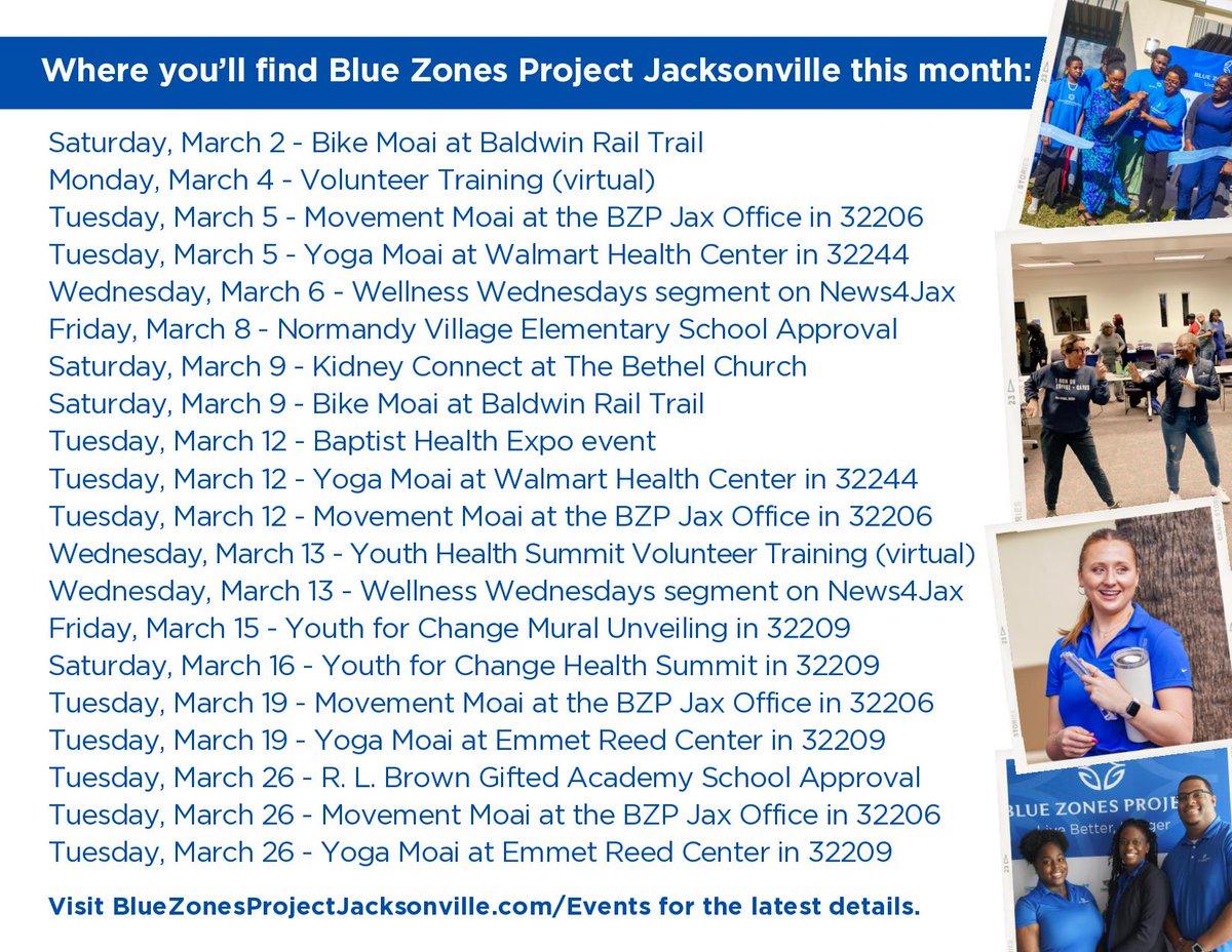 Check out the @BZPjacksonville events happening in March! To register for an event, visit: bluezonesprojectjacksonville.com/events/