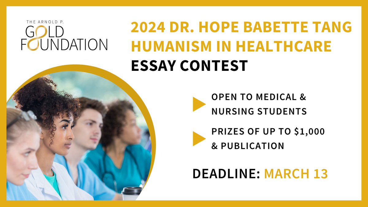 Medical and nursing students are invited to submit an essay that illustrates an experience of humanistic care to the 2024 Dr. Hope Babette Tang Humanism in Healthcare Essay Contest. 🖊️ Deadline: March 13 (just over a week away!) ⌛️ gold-foundation.org/programs/essay…