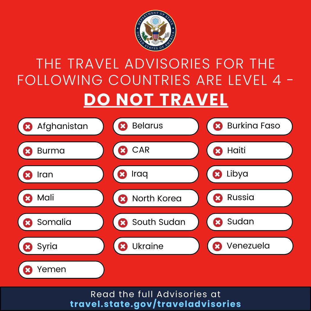 The Travel Advisories for the following countries are Level 4 - Do Not Travel: ⛔Afghanistan ⛔Belarus ⛔Burkina Faso ⛔Burma ⛔Central African Republic ⛔Haiti ⛔Iran ⛔Iraq ⛔Libya ⛔Mali ⛔North Korea ⛔Russia ⛔Somalia ⛔South Sudan ⛔Sudan ⛔Syria ⛔Ukraine ⛔Venezuela…