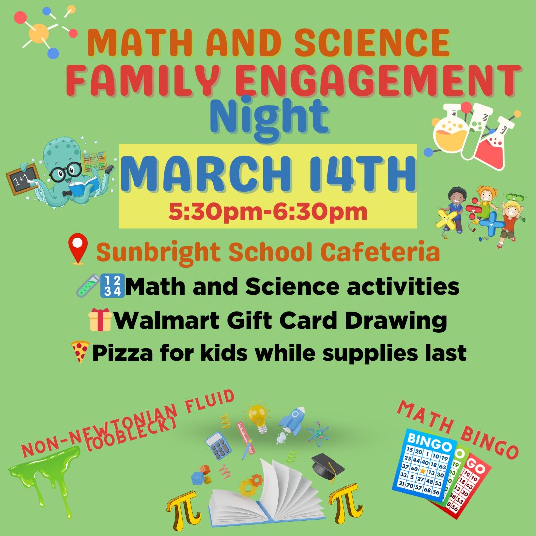 utk_uacs's tweet image. Join Us for Math and Science Family Engagement Night March 14th 5:30-6:30pm Sunbright School Cafeteria🧬🦠⚗️🔬🔭🧪#utkuacs #uacssunbright #uacspondgap #utknoxville #CommunitySchools