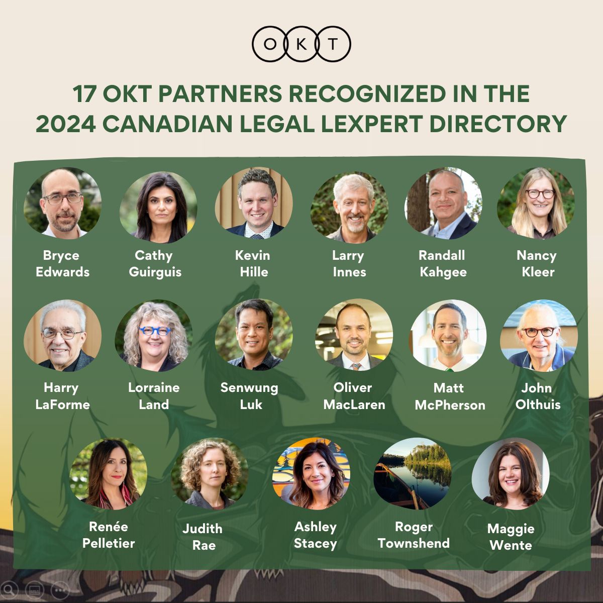 OKT is proud to announce that we have been ranked as “Most Frequently Recommended” in the area of Aboriginal Law by Lexpert, and thrilled to share that 17 of our lawyers have been ranked in the 2024 Canadian Legal Lexpert Directory, as experts in their field.