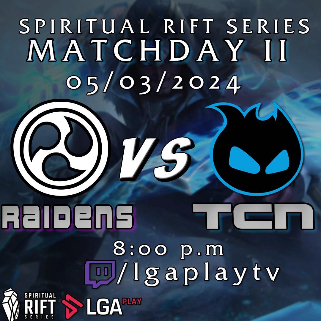 ¡Segunda jornada de la Spiritual Rift Series! Esta vez contra <a href="/EsportsRaijin/">RaijinEsports</a>  

Después de la victoria de ayer, queremos seguir con buen pie en la liga nacional <a href="/LGAplay/">LGAPlay - Esports Venezuela 🇻🇪</a> 

A las 8:00 p.m por twitch.tv/lgaplaytv

No te lo pierdas!