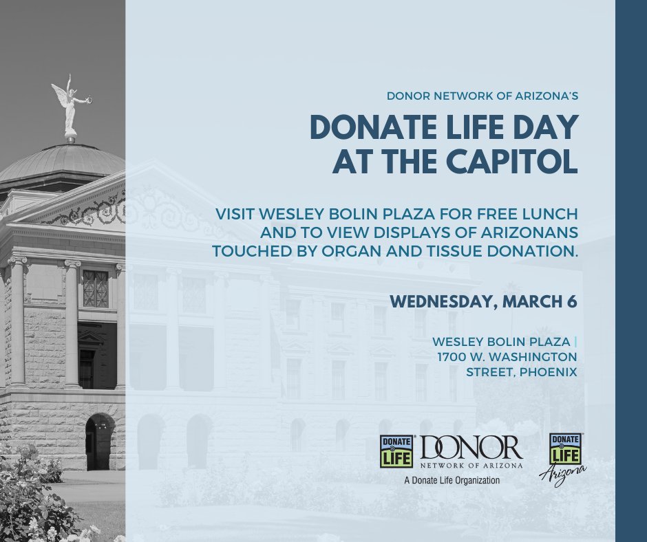 Our Donate Life Day at the Capitol is just one day away! Tomorrow, we honor donors and their families, transplant recipients, waiting list patients, living donors, as well as meet with legislators about the gift of life from 10 a.m. - 2 p.m.  💚💙