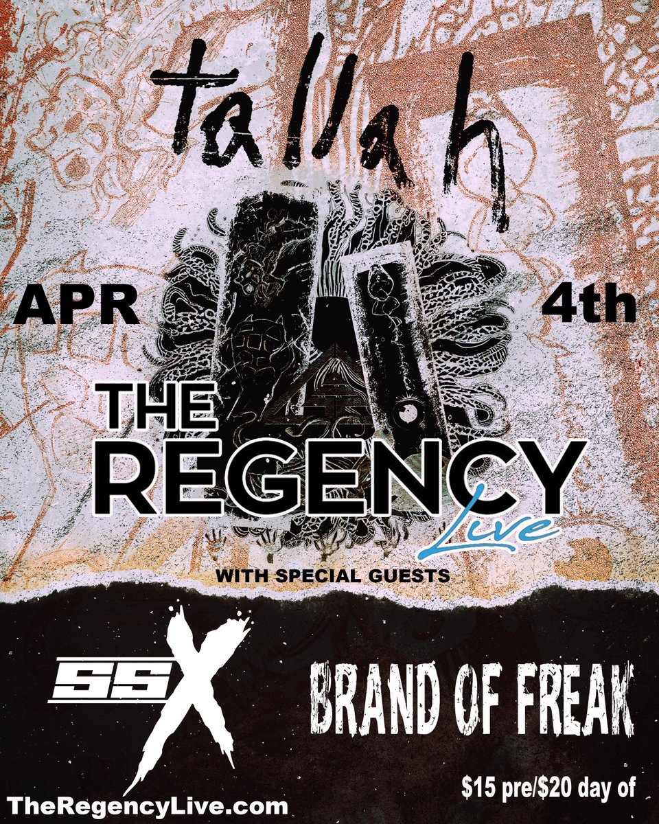 Springfield, MO! We're playing @TheRegencyLive April 4 with SSX and Brand of Freak, on the way home from our tour with @kimdrac and @killjerisj. Don't miss out! Tickets at app.opendate.io/e/tallah-april… RT so your friends don't miss out!