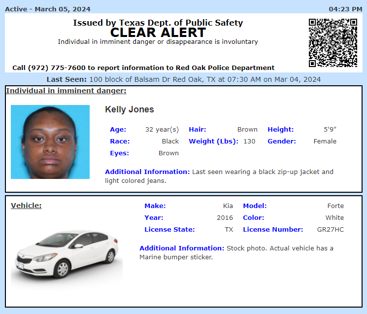 TX_Alerts's tweet image. ACTIVE MISSING ADULT ALERT for Kelly Jones from Red Oak, TX, on 03/05/2024,TX plate GR27HC