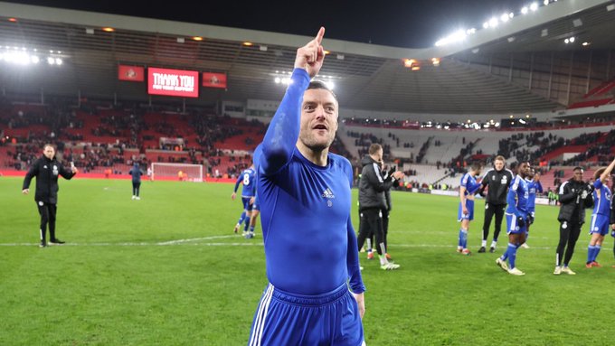 Jamie Vardy celebrates at full-time.