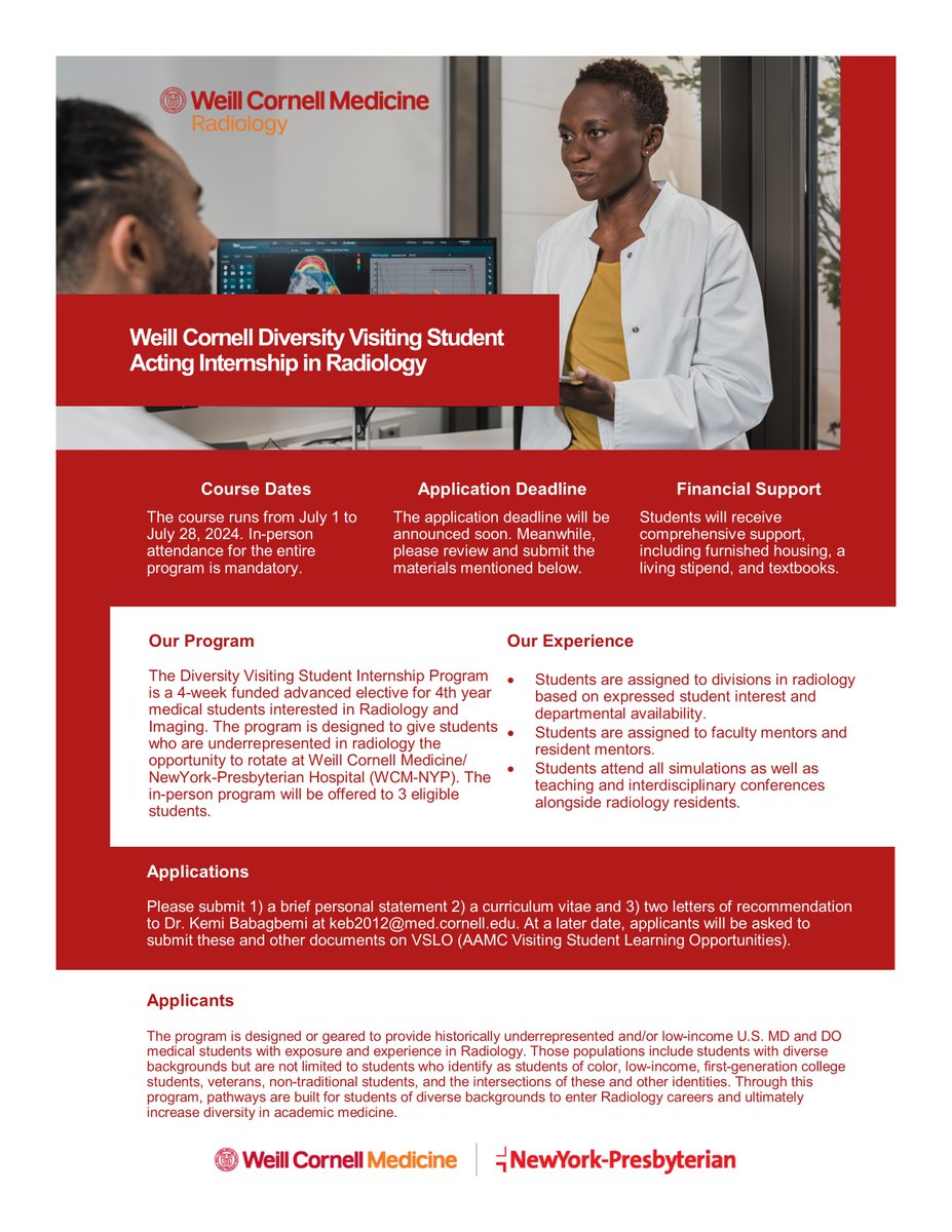 📣Calling all 4th year medical students interested in Radiology! Apply now for the @WCMRadiology Diversity Visiting Student Acting Internship. Gain hands-on experience with comprehensive support including housing, stipend, mentorship, and textbooks. Don't miss this opportunity!