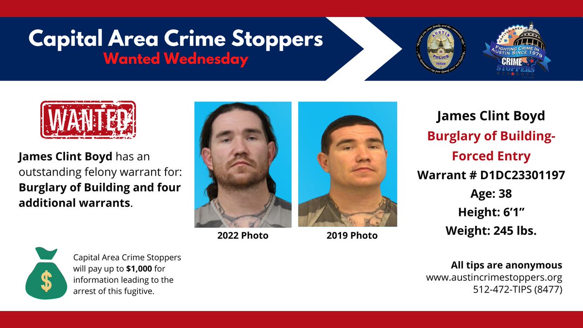 Austin_Police's tweet photo. In today's #WantedWednesday, we request the public's help locating James Clint Boyd. He has an outstanding felony warrant for Burglary of Building.
Anyone with information may submit a tip anonymously through the Capital Area Crime Stoppers Program. https://t.co/kqGiOtNYyM