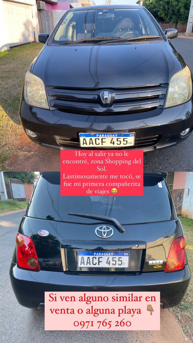 Luzanahig's tweet photo. Hoy le robaron el auto a mi amiga en zona Shopping del Sol, IST chapa AACF 455,  cualquier información se agradece.
Por favor si ven llamen al 0971765260 🙏🏼
Se agradece el RT! https://t.co/qsRq1a65Bo