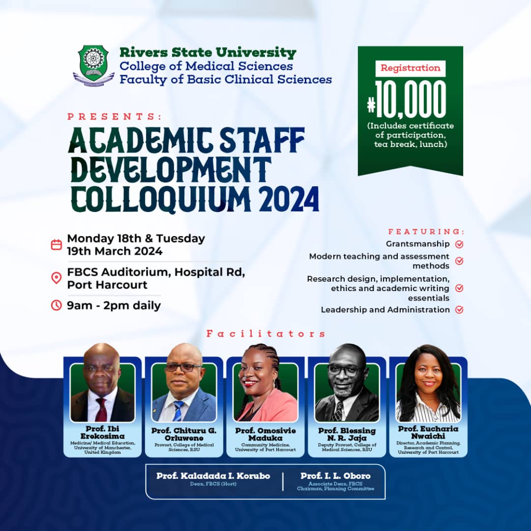 Join me at the Academic Staff Development Colloquium organized by FBCS, Rivers State University on March 18th-19th, 2024. I'll be sharing insights on 'Award-Winning Grant Proposals and Funding Opportunities for Academicians.' Don't miss out! #AcademicDevelopment #GrantWriting