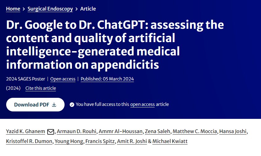 Innovative work from former preliminary resident Dr. Yazid Ghanem (PGY-3 <a href="/CooperSurgery/">Cooper General Surgery</a>), alongside our own <a href="/Armaun_Rouhi/">Armaun Rouhi</a> <a href="/DumonKristoffel/">Kristoffel Dumon, MD</a> assessing the accuracy of medical info from #ChatGPT on appendicitis. <a href="/SurgEndosc/">Surgical Endoscopy</a> <a href="/SAGES_Updates/">SAGES is in Tampa in 2026!</a>
link.springer.com/article/10.100…