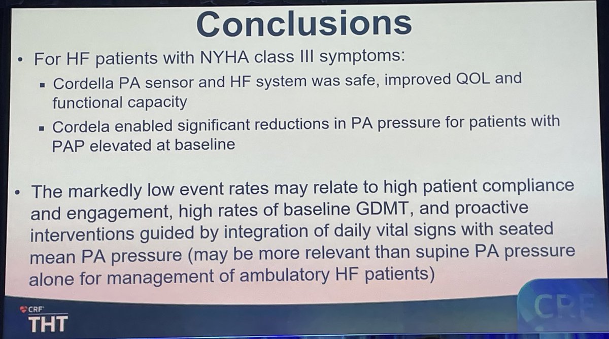 @HFpEF @PalakShahMD @InovaHealth @ShashankSinhaMD @StavrosDrakos Results from PROACTIVE-HF: 6-months results of Cordella PA pressure monitor - checked in seated position, along with BP and weight - ⬇️ events than historically matched controls - ⬆️GDMT - safe & good pt compliance @LiviuKlein @Endotronix #THT2024