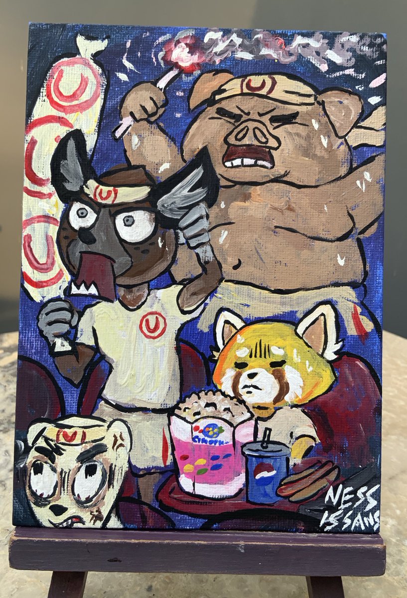 NessConfirmed's tweet image. Retsuko acompaña a Haida para ver el documental de la (U) iluminados en el cineplanet del Mall del sur - Pintura acrílica sobre lienzo 13x17cm