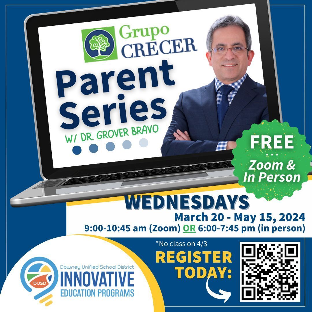 DowneyUnified's tweet image. 📲 Register for Dr. Bravo's FREE Parent Academy (Wed, 3/20-5/15) at bit.ly/bravo3-2024. Morning classes via Zoom w/ in-person held at the Pace Education Center, 9625 Van Ruiten St., Bellflower. **No class on Wed, 4/3** 

#WeAreDowneyUnified #ourkidsdeservethebest