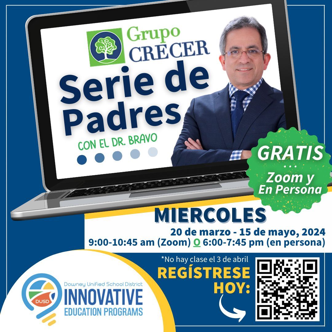 DowneyUnified's tweet image. 📲 Register for Dr. Bravo's FREE Parent Academy (Wed, 3/20-5/15) at bit.ly/bravo3-2024. Morning classes via Zoom w/ in-person held at the Pace Education Center, 9625 Van Ruiten St., Bellflower. **No class on Wed, 4/3** 

#WeAreDowneyUnified #ourkidsdeservethebest