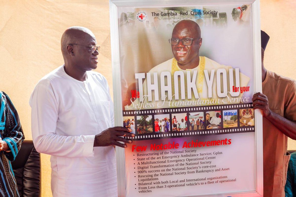 UtgRedcross's tweet photo. We bid farewell to Mr. Alasan Senghore, who has served as the Secretary-General of The Gambia Red Cross Society with great distinction, dedication, and selflessness. Mr. Senghore has made an indelible mark on our organization during his tenure from Nov. 1, 2019, to Feb. 29, 2024. https://t.co/Dd9tNCPJv3