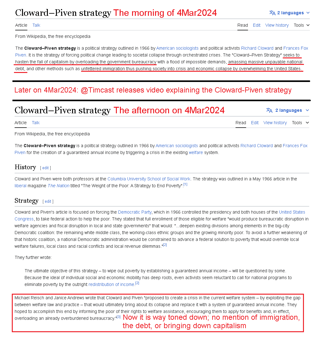 RealKindOfWoke's tweet photo. @JohnBat93416549 This morning @Timcast uploaded a video explaining the Cloward-Piven strategy &amp; showed the Wikipedia page which then stated the strategy involves:
-hastening the fall of capitalism
-amassing an unpayable debt
-unfettered immigration

The Wikipedia page was changed within hours https://t.co/MZ87GSAQLU