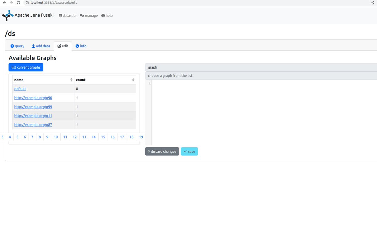 kinow's tweet photo. Just missing the tests now, but soon Jena Fuseki UI will have improved pagination for people with a lot of datasets/graphs 👍🤺 https://t.co/i5nsCrvfzB #opensource #javascript #VueJS #UIUX #TheASF #SemanticWeb https://t.co/Q0GEbhLOFK