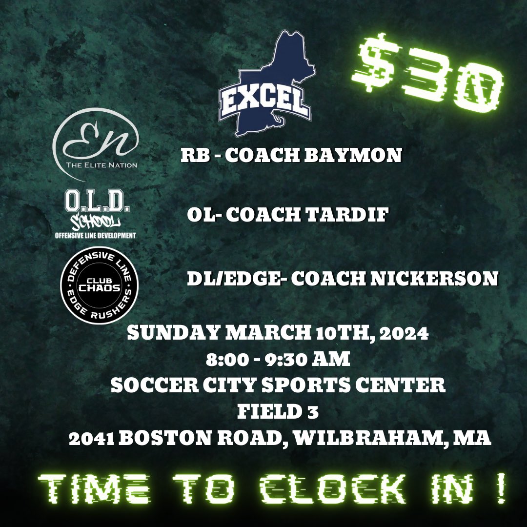 Back with @ESAofMass @SolomonBaymon with the RBs, @NicTardif with the OLine & @CoachWNickCC w/ DL/Edge Sunday March 10th from 8:00-9:30 AM! DAYLIGHT SAVINGS is that morning set your alarm and come Clock in for some work! Spring calendar for outdoor works will be posted soon!