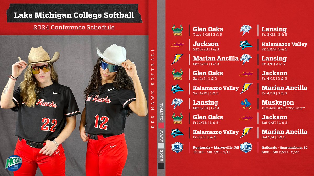 RedHawksSoftba2's tweet photo. Saddle up for the 2024 DROPPED SCHEDULE!!
Follow the action in person or join us play for play by following our gamechanger and youtube channel!
GC: Lake Michigan College Red Hawks
YouTube: LMC Red Hawk Athletics
#TalonTough #23-24Rodeo #RedHawkParty https://t.co/tpamFegiHd