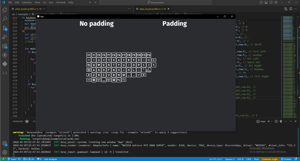 nighternet's tweet image. Finish part of debug the keys input but there some problem. Key Caps bool and layout is not finish as it fixed position. #bevyengine At least the prototype keyboard is working when press and release state. It base on example 2d texture atlas rework to fit it.