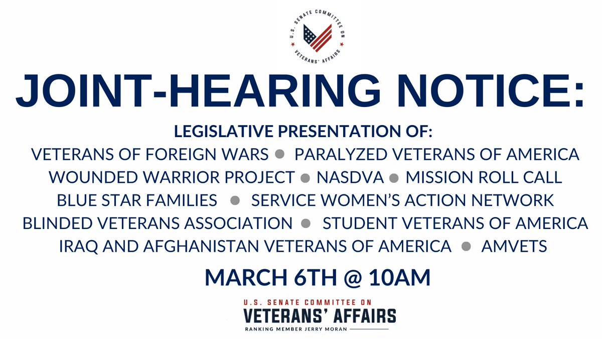 TOMORROW: Senate and House Veterans' Affairs Committees will be hearing from Veterans of Foreign Wars, along with multiple other VSO's, regarding their legislative priorities to best support veterans and their families. Watch Live HERE: veterans.senate.gov