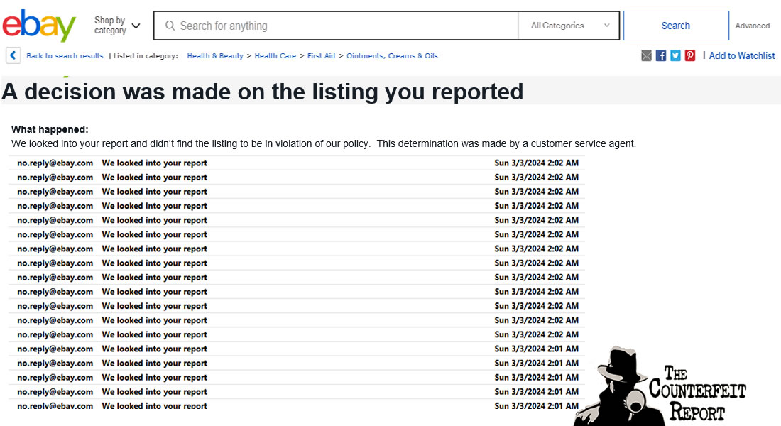 Is @eBay's intellectual property enforcement unit (VeRO) completely dysfunctional or obstructionists? Despite dozens of manufacturer/trademark owner complaints, eBay can review 15 complaints and deny them ('not in violation of our policy') in just two minutes.🤔The fakes remain.