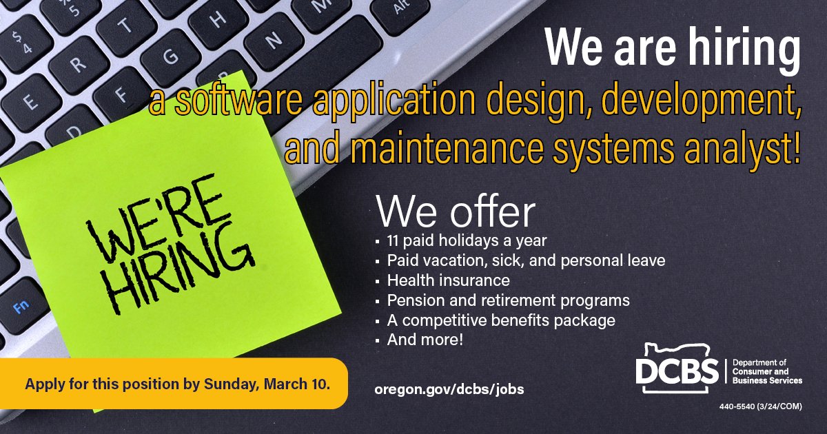 DCBS (@oregondcbs) on Twitter photo We're looking for someone to join our team as a software application design, development, and maintenance systems analyst! Apply at oregon.wd5.myworkdayjobs.com/SOR_External_C…. Questions? Email DCBS.Recruiting@dcbs.oregon.gov. #DCBSjobs #GovJobs We're looking for someone to join our team as a software application design, development, and maintenance systems analyst! Apply at oregon.wd5.myworkdayjobs.com/SOR_External_C…. Questions? Email DCBS.Recruiting@dcbs.oregon.gov. #DCBSjobs #GovJobs
