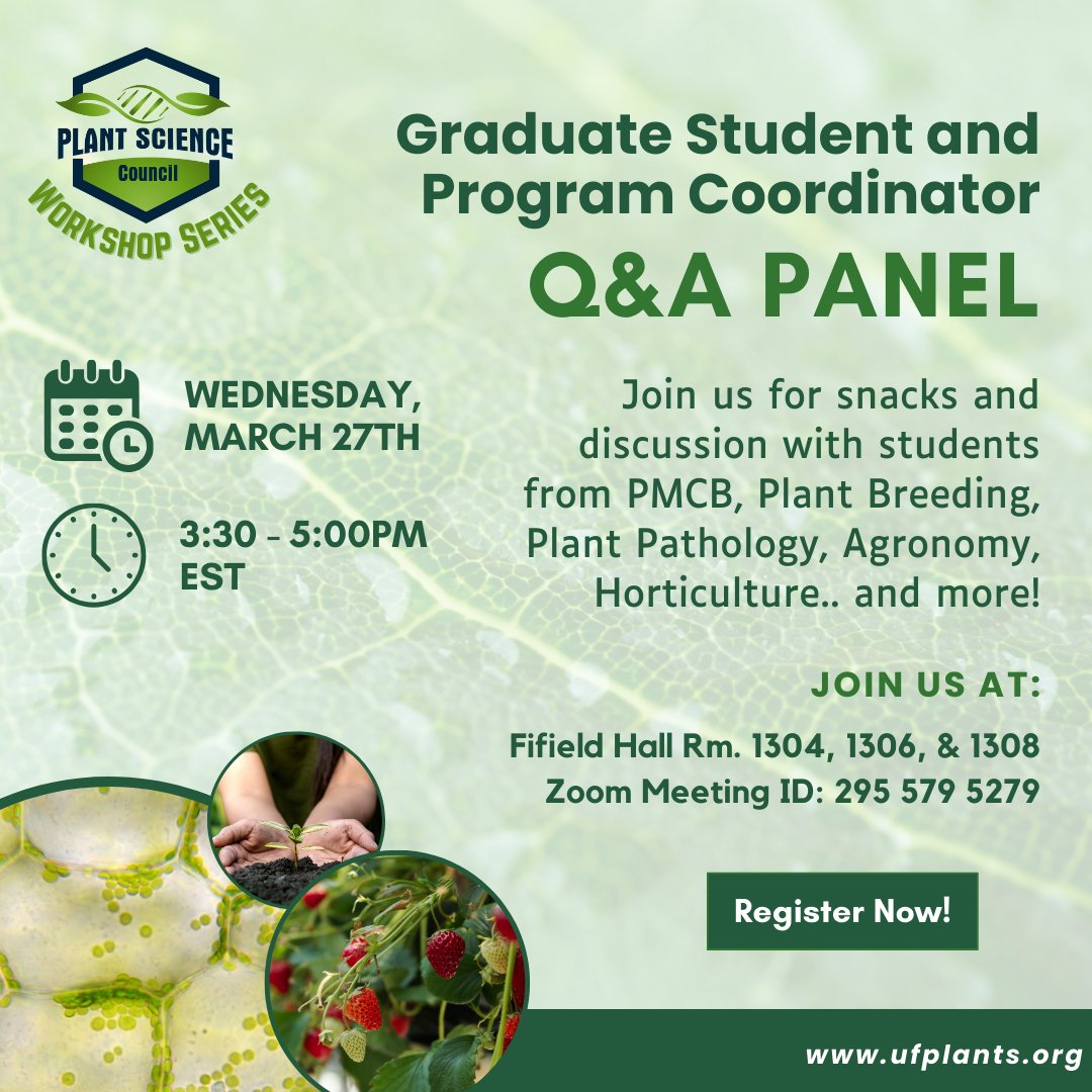 🌱✨ Join us for our "Getting to Grad School" Event!! We will be hosting a Q&amp;A panel featuring graduate students and program coordinators from plant science graduate programs at UF. Register at the link in our bio! 🎓🌿

Best of all, attendance is absolutely FREE! See you there!