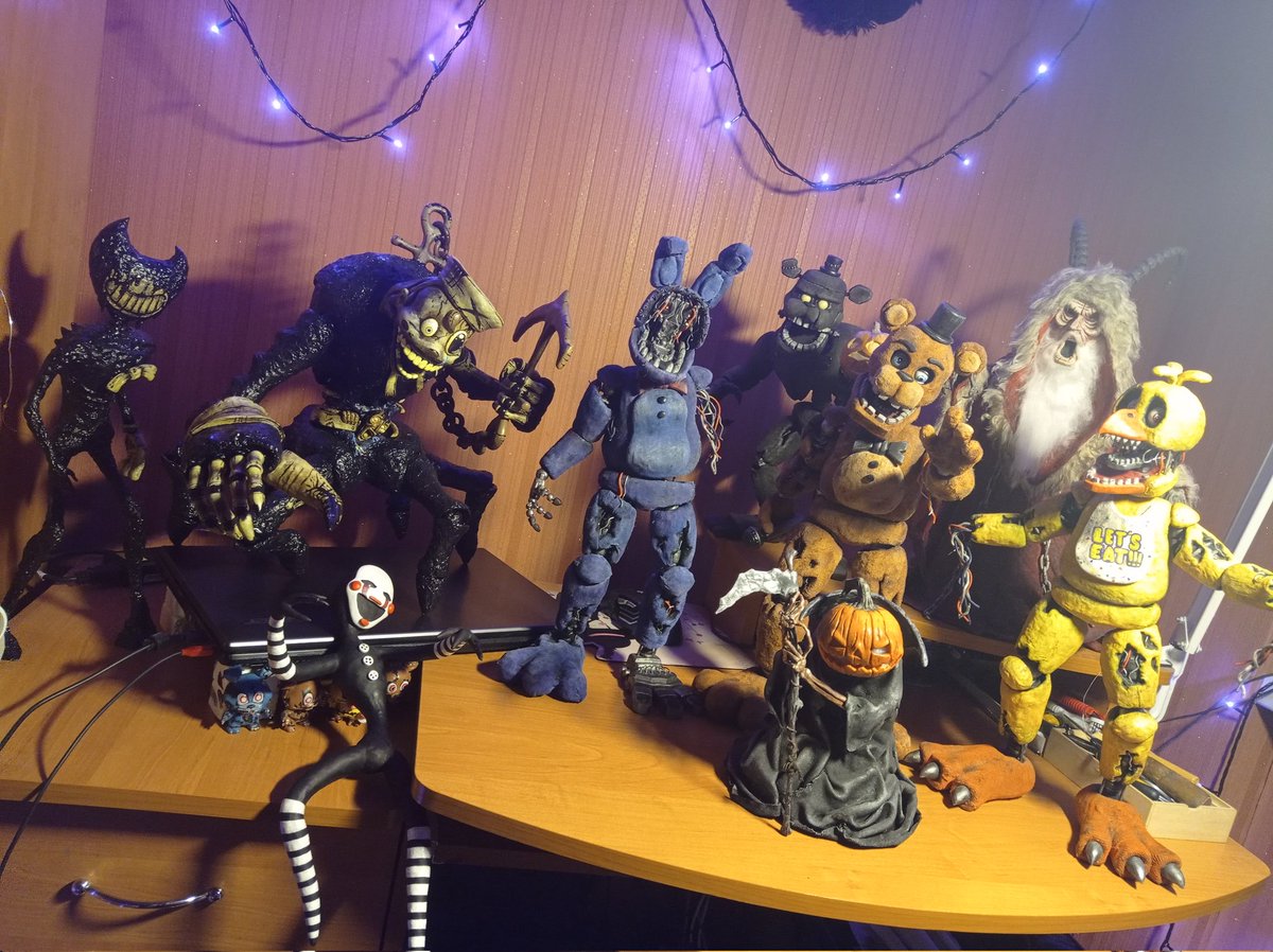 My collection of all figurines looks like this.
moment. 
#FNAF 
#BENDY 
#BATIM
#Bendyattheinkmachine
#Bendyandthedarkrevival
#shipahoywilson
#witheredchica
#WitheredBonnie
#witheredfreddy
#puppet
#marionette
#FiveNightsAtFreddy
#Halloween 
#Christmas
#Dreadbear
#krampus
#figure